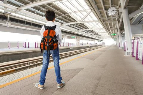 Boy waiting for train Stock Photos
