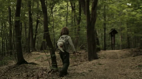 BOY WALK THROUGH THE FOREST Stock Footage 68755579