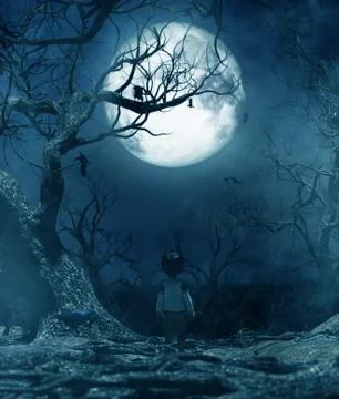 Boy walking alone at night under the moonlight,boy lost in the haunted forest Stock Illustration