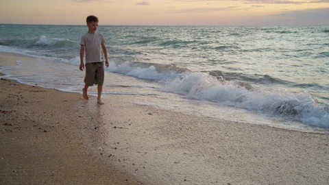 Boy Walking Alone on a Serene Beach at Sunset Stock Footage 312831945