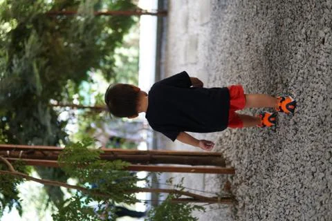 A boy walking alone under a tree Stock Photos