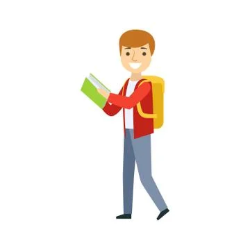 Boy Walking With Backpack Reading A Book, Part Of School And Scholar Life Series Ilustración de archivo