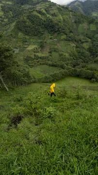 Boy walking down a mountain hill Stock Photos