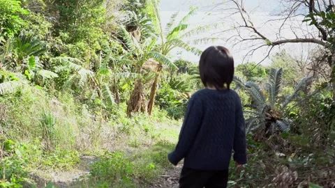 A Boy Walking Down a Mountain Path in Nature, Looking Back and Continuing Stock Footage 333186292