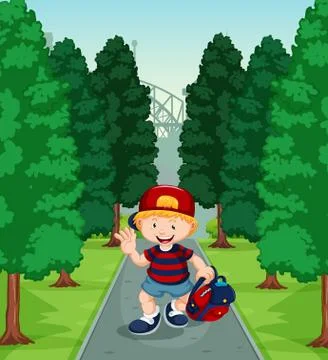 Boy walking down path with trees Stock Illustration