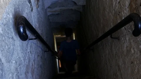 Boy walking down the stone stairs of an old castle 스톡 동영상 112315628