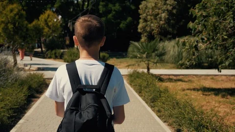 The boy is walking down the street with a backpack. A child travels the world. Stock Footage 93078363