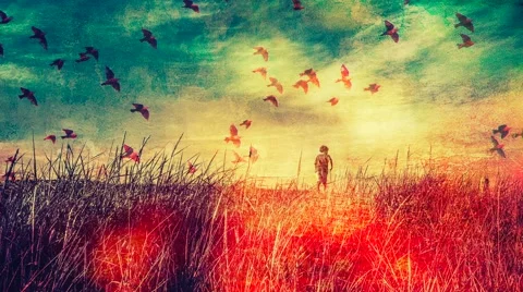 Boy walking on the edge of the beach with thought-bubble(my childhood) Stock Footage 42973018