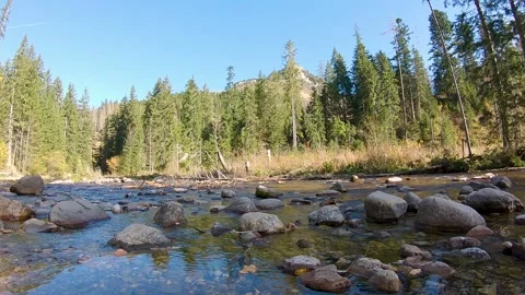 Boy walking over the river stones in front of mountains in Zakopane, Poland Stock Footage 152844889