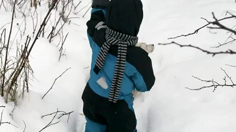 Boy walking on a snowy path for running dog Stock Footage 67186596