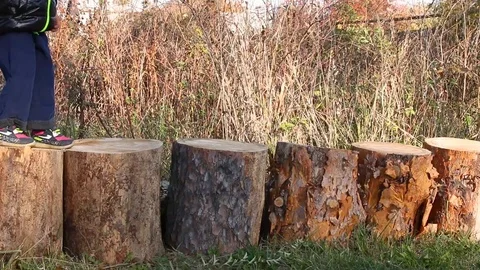 Boy walking on stumps Stock-Footage 124009910