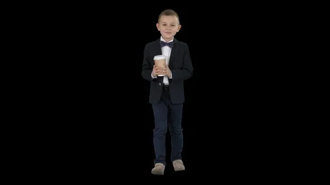 Boy walking with a take away coffee in a formal clothes, Alpha Channel Stock Footage 115996636