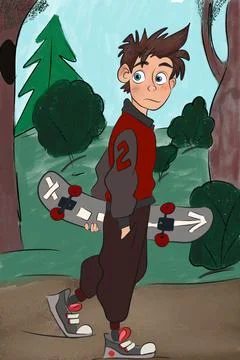A boy walking in the woods along a path Stock Illustration