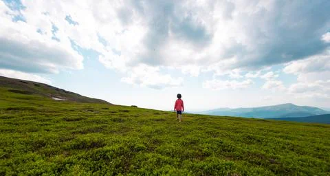 Boy walks along a mountain path. rest at nature. children's camp... boy walks Stock Photos