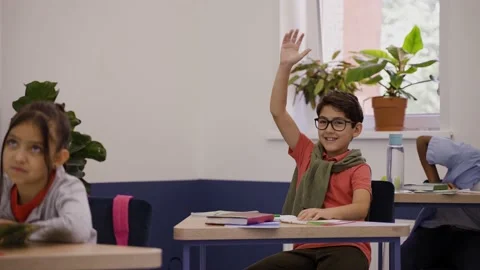 Boy wants to answer the question by raising hand, gets upset. Elementary school Vídeo Stock 162735642