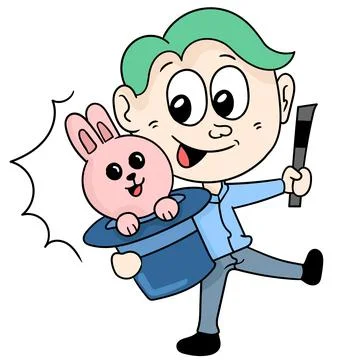 The boy was playing magic taking out the rabbit from the hat Stock Illustration