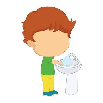The boy washes his hands on a white background. Vector illustration EPS 10. Stock Illustration