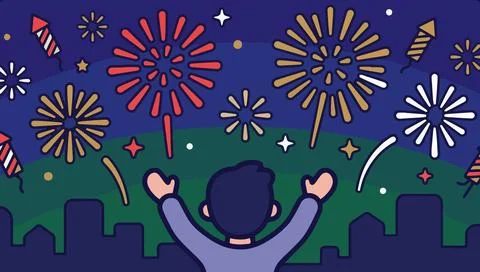 Boy Watching Fireworks Display Illustration