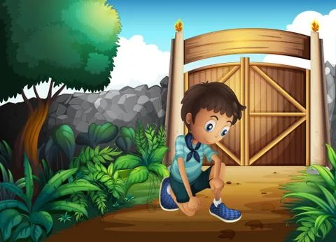 A boy watching the ground inside the gate Stock Illustration
