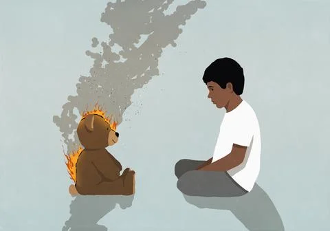 Boy watching teddy bear burning on fire Stock Illustration