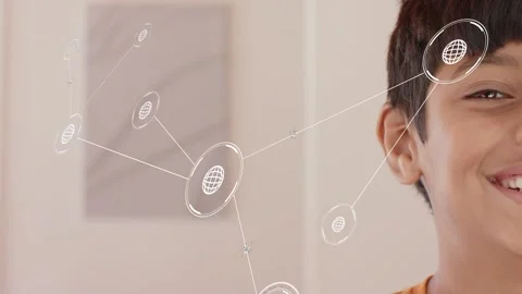 Boy watching as white globe node appearing left forming network, aligning near Stock Footage 333873060