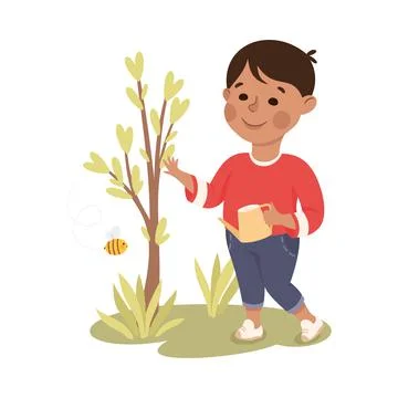 Boy Watering Tree Sapling, Save the World, Ecology Concept Cartoon Vector Stock Illustration