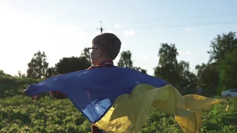 A boy waves the flag of Ukraine and runs in a field celebrating Independence Day Video stock 283737991