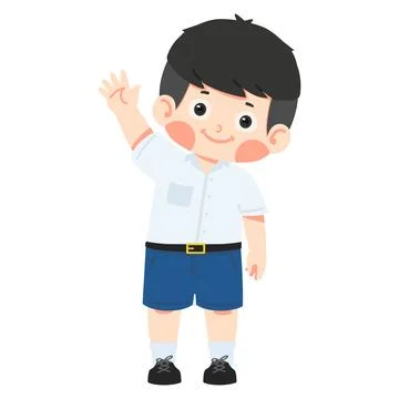 Boy waving hands and saying hi or bye to school Stock Illustration
