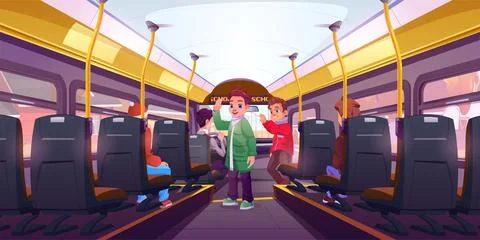 Boy waving inside bus. School transport aisle Stock Illustration