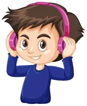 Boy wearing blue shirt using headphone cartoon character isolated 스톡 일러스트