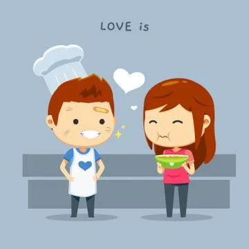 A boy wearing chef's hat and a girl with a food bowl Stock Illustration