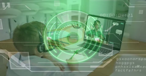 Boy wearing headset drawing at table, laptop education call starting, HUD Video stock 330397351