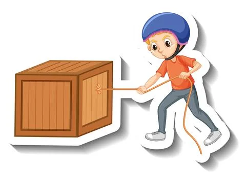 A boy wearing helmet pulling a box on white background Stock Illustration