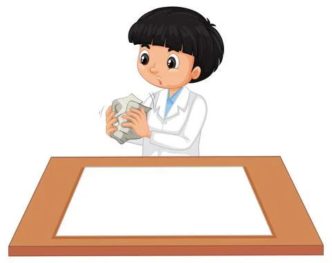 A boy wearing scientist gown with empty paper on the table イラスト素材