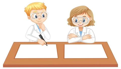 A boy wearing scientist gown with empty paper on the table Illustrazione stock