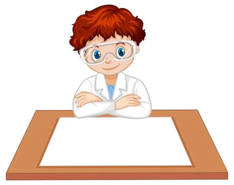 A boy wearing scientist gown with empty paper on the table Illustrazione stock