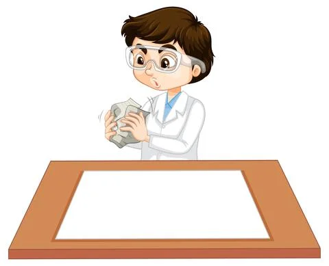 A boy wearing scientist gown with empty paper on the table Illustrazione stock
