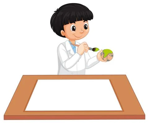 A boy wearing scientist gown with empty paper on the table Stock Illustration