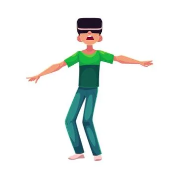 Boy wearing virtual reality headset, simulator, device, using computer Stock Illustration