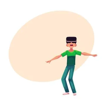 Boy wearing virtual reality headset, simulator, device, using computer イラスト素材