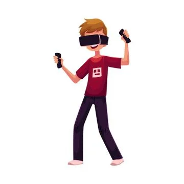 Boy wearing virtual reality headset, simulator, device, using computer Illustrazione stock