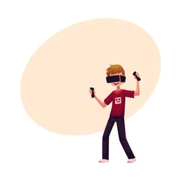 Boy wearing virtual reality headset, simulator, device, using computer Stock Illustration