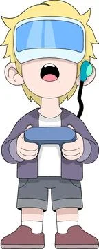 Boy Wearing Virtual Reality Headset Playing Video Games with Controller Stock Illustration