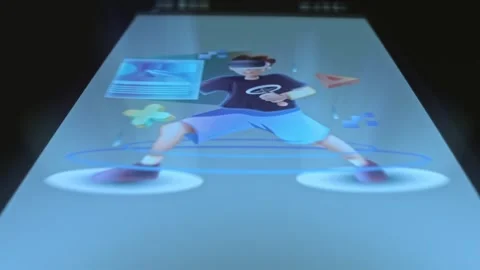 Boy wearing VR headset, graphic presentation on smartphone Stock Footage 303571085