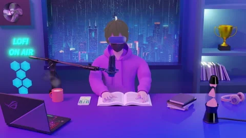 Boy Wearing VR Headset Studying For Exams On Livestream : Lofi Animation Stock Footage 250142798