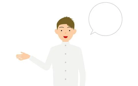 Boy wearing white school uniform, Talk to me (with speech bubble) Stock Illustration