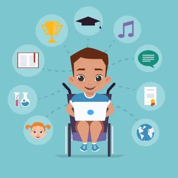 A boy in a wheelchair is studying via the Internet Stock Illustration