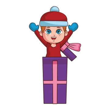 Boy with winter clothes inside gift box 스톡 일러스트