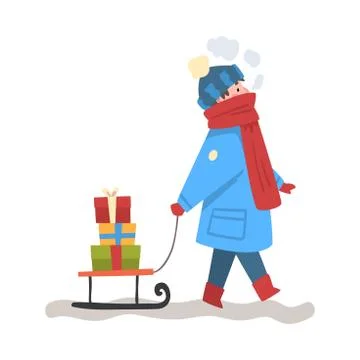 Boy in Winter Clothing Pulling a Sleigh with Christmas Present, Child Preparing 스톡 일러스트