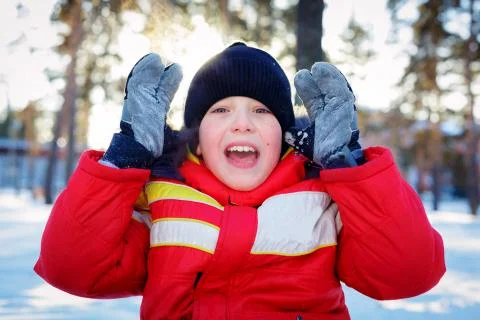 Boy in winter forest Stock Photos